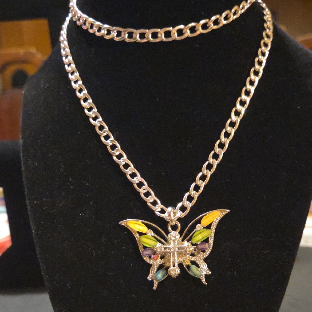 🚨2 For $38🚨Butterfly Cross Multi-Colored Crystals Silver-tone Pendant Necklace